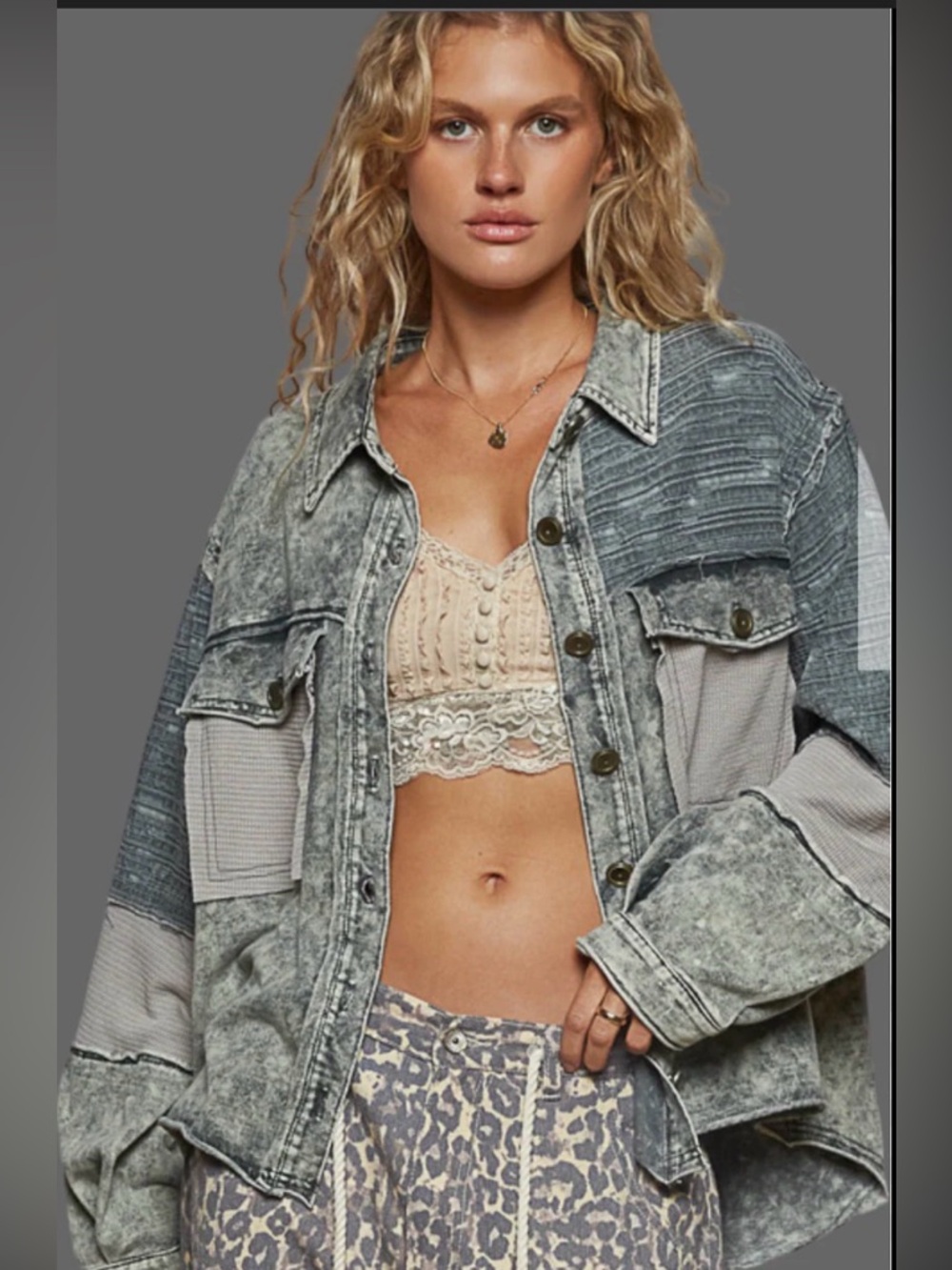 POL NWT Patchwork French Terry Denim Jacket Size Large